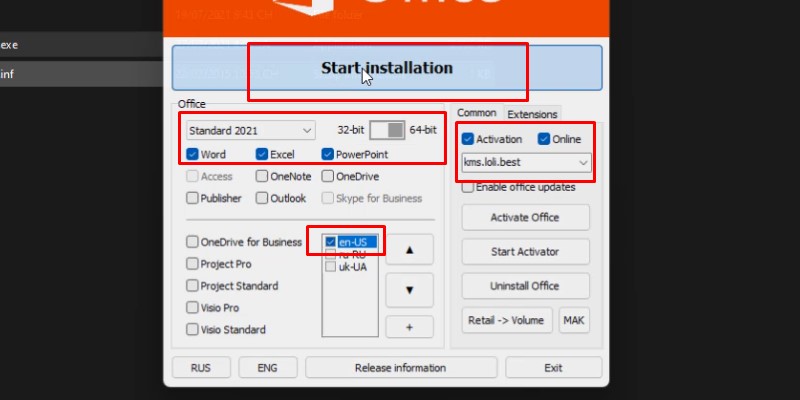 Office 2021: Nâng Cấp Trải Nghiệm Làm Việc và Học Tập 13 tích chọn như hình và bấm Start installation