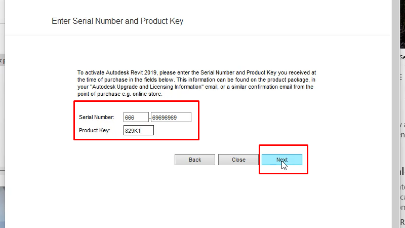 Revit 2019: Hướng Dẫn Cài Đặt Chi Tiết Từ 19 Serial Number: 666 -69696969, Product key: 829k1 và bấm Next