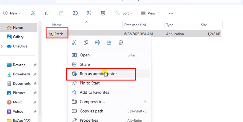 chuột phải vào Patch chọn run as admin