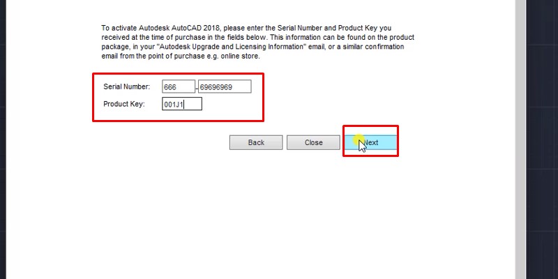AutoCAD 2018 Phiên Bản Được Sử Dụng Nhiều 19 Nhập số : 666-69696969 và 001J1 như hình và bấm next